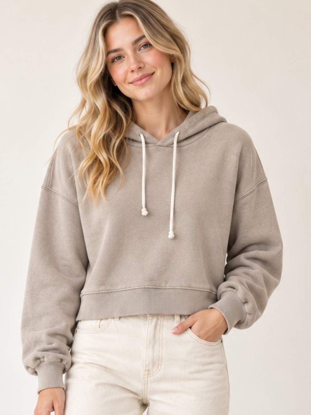 Z Supply Cropped Hoodie in Taupe with Cream Drawstrings